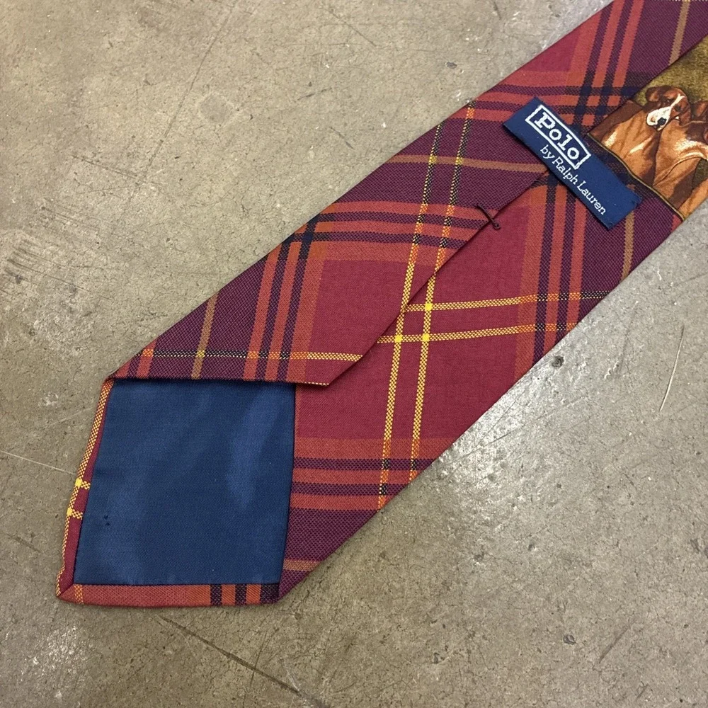 Vintage Equestrian Dogs Rare Polo Ralph Lauren Tie - Silk Handmade! Plaid! Red